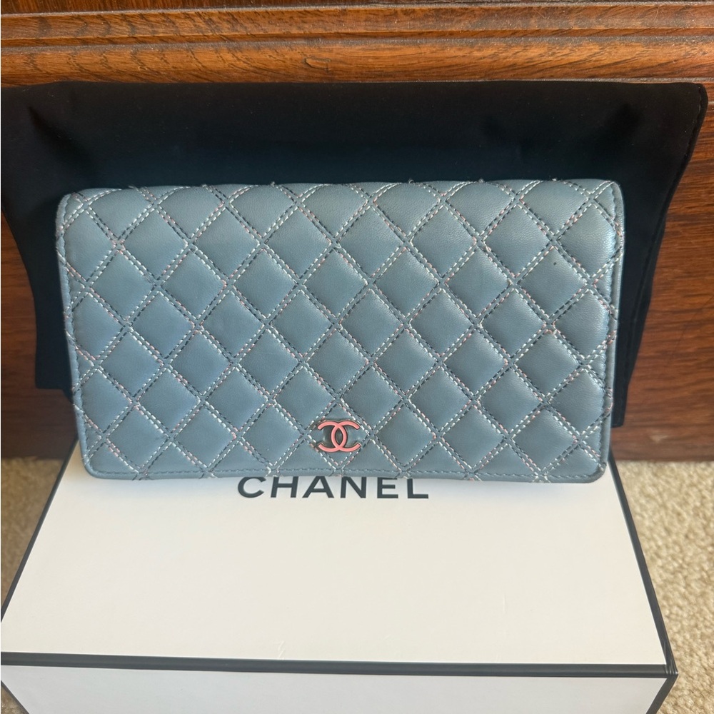 Chanel Quilted Long Flap Wallet in Light Blue with Pink Interlocking CC Logo
